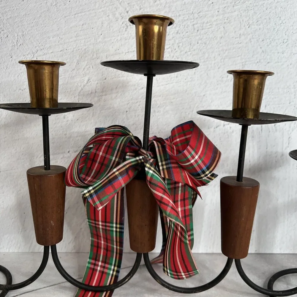 Vintage 70s MCM Candelabra‎ Holds 7 Candle Sticks Holiday Bow